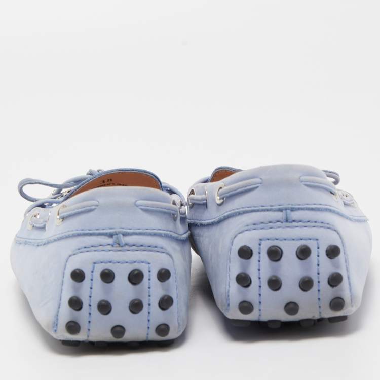 Pre Owned Tod's Blue Nubuck Leather Bow Slip On Loafers Size 38 