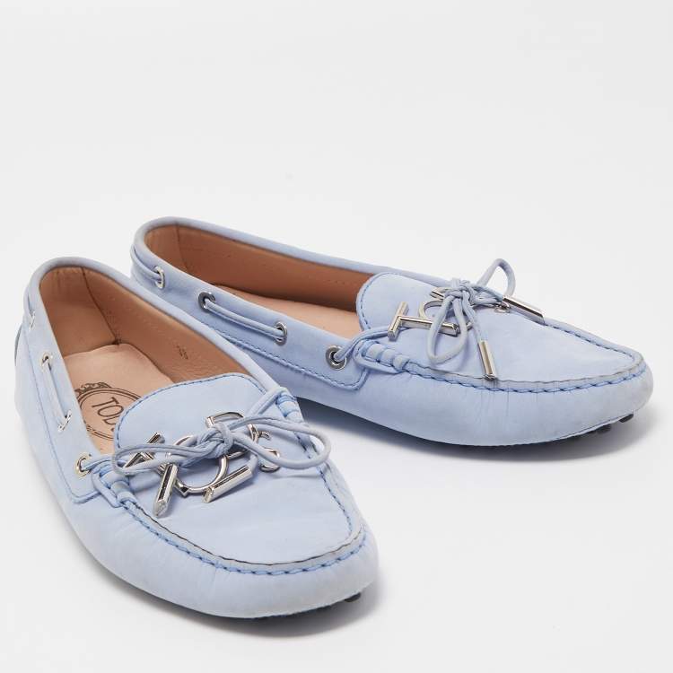 Pre Owned Tod's Blue Nubuck Leather Bow Slip On Loafers Size 38 
