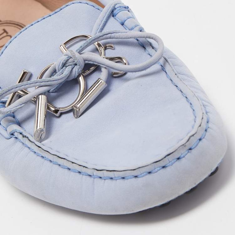 Pre Owned Tod's Blue Nubuck Leather Bow Slip On Loafers Size 38 