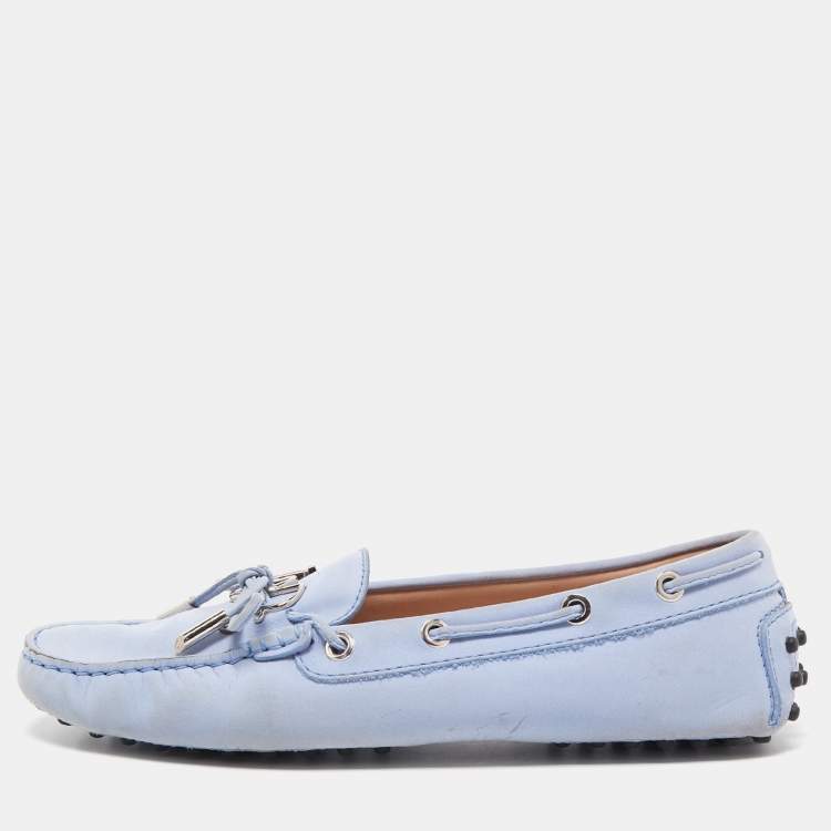 Pre Owned Tod's Blue Nubuck Leather Bow Slip On Loafers Size 38 
