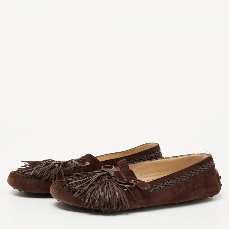 Pre Owned Tod's Dark Brown Suede Tassel Detail Loafers Size 40