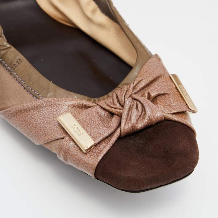 Pre Owned Tod's Brown Suede and Patent Leather Bow Scrunch Ballet Flats Size 39.5