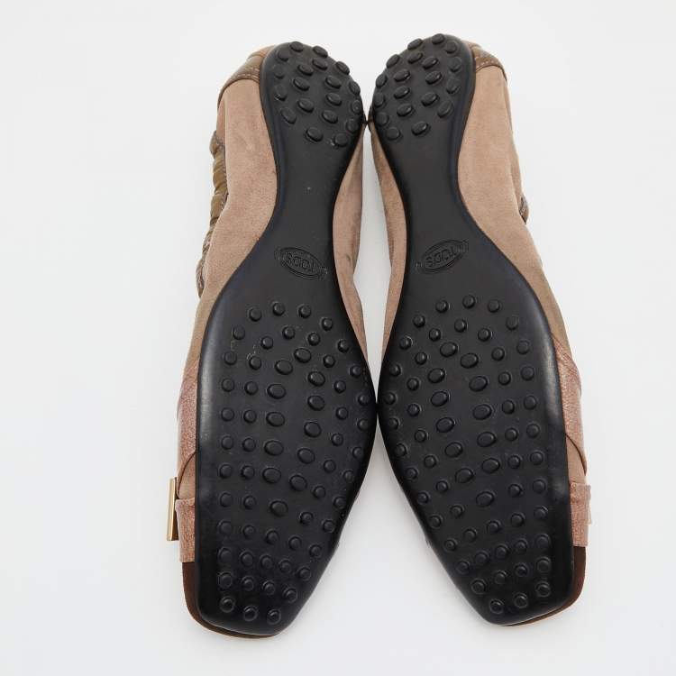 Pre Owned Tod's Brown Suede and Patent Leather Bow Scrunch Ballet Flats Size 39.5