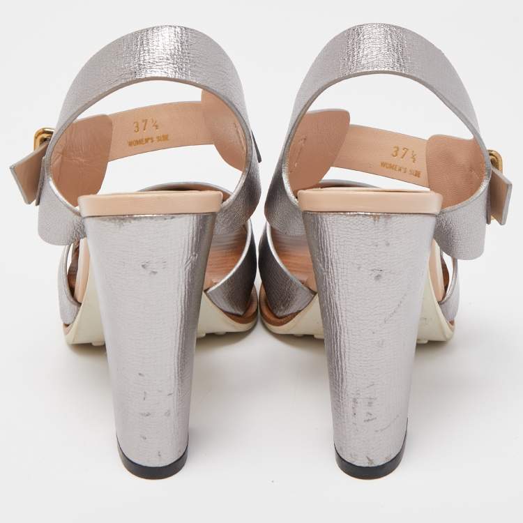 Pre Owned Tod's Silver Leather Ankle Strap Sandals Size 37.5
