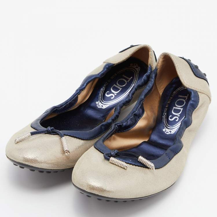 Pre Owned Tod's Silver/Blue Textured Nubuck Leather Scrunch Ballet Flats Size 38