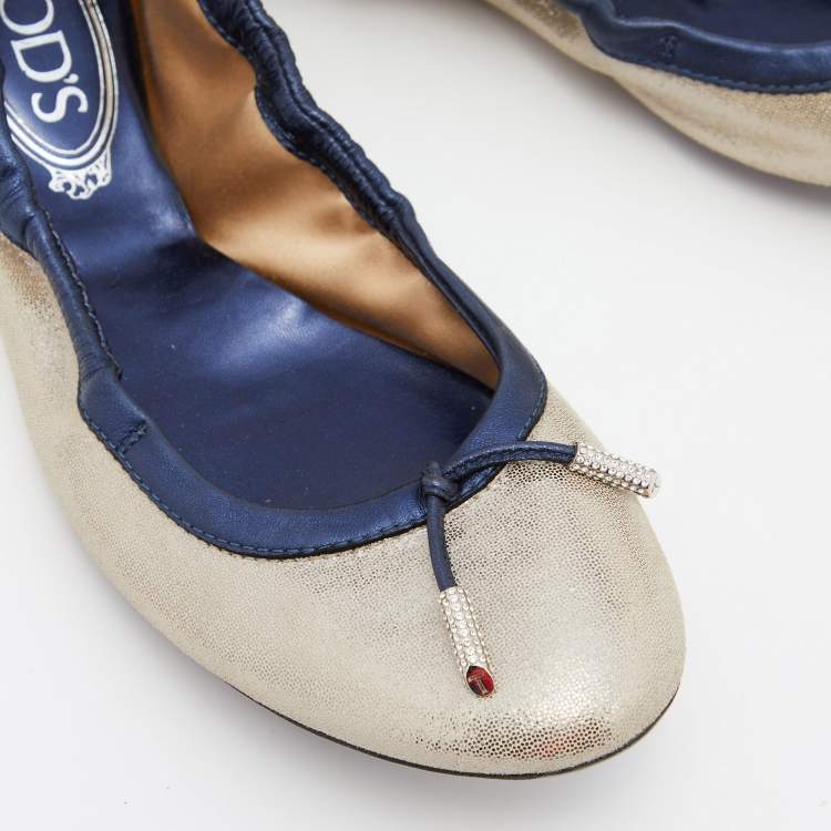 Pre Owned Tod's Silver/Blue Textured Nubuck Leather Scrunch Ballet Flats Size 38