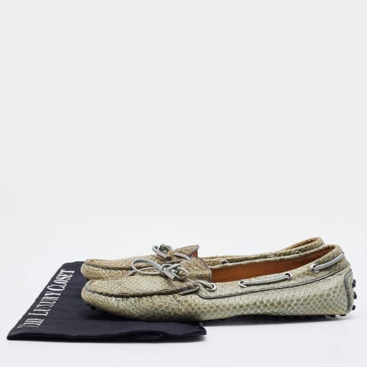 Pre Owned Tod's Grey Python Leather Bow Slip On Loafers Size 38.5