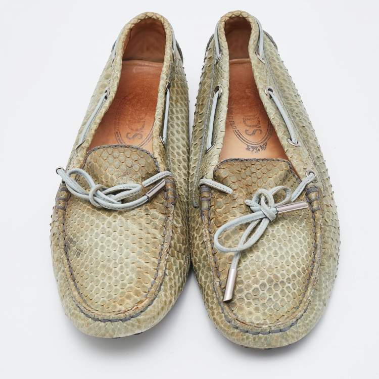 Pre Owned Tod's Grey Python Leather Bow Slip On Loafers Size 38.5