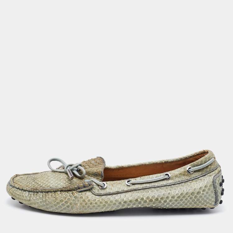 Pre Owned Tod's Grey Python Leather Bow Slip On Loafers Size 38.5