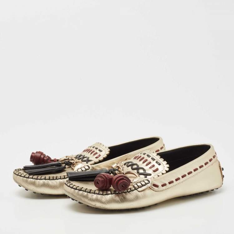 Pre Owned Tod's Gold Leather Fringe and Chain Slip On Loafers Size 38