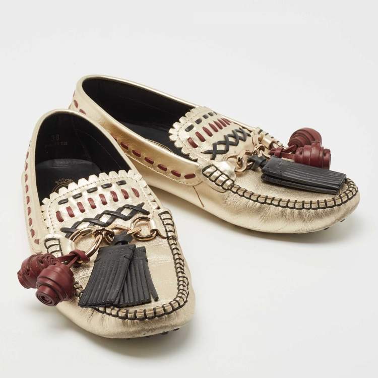 Pre Owned Tod's Gold Leather Fringe and Chain Slip On Loafers Size 38