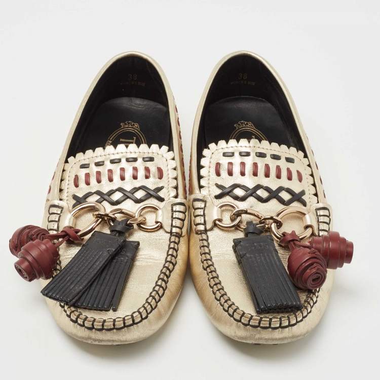 Pre Owned Tod's Gold Leather Fringe and Chain Slip On Loafers Size 38