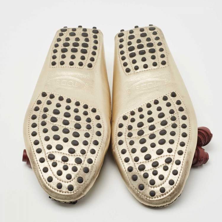 Pre Owned Tod's Gold Leather Fringe and Chain Slip On Loafers Size 38