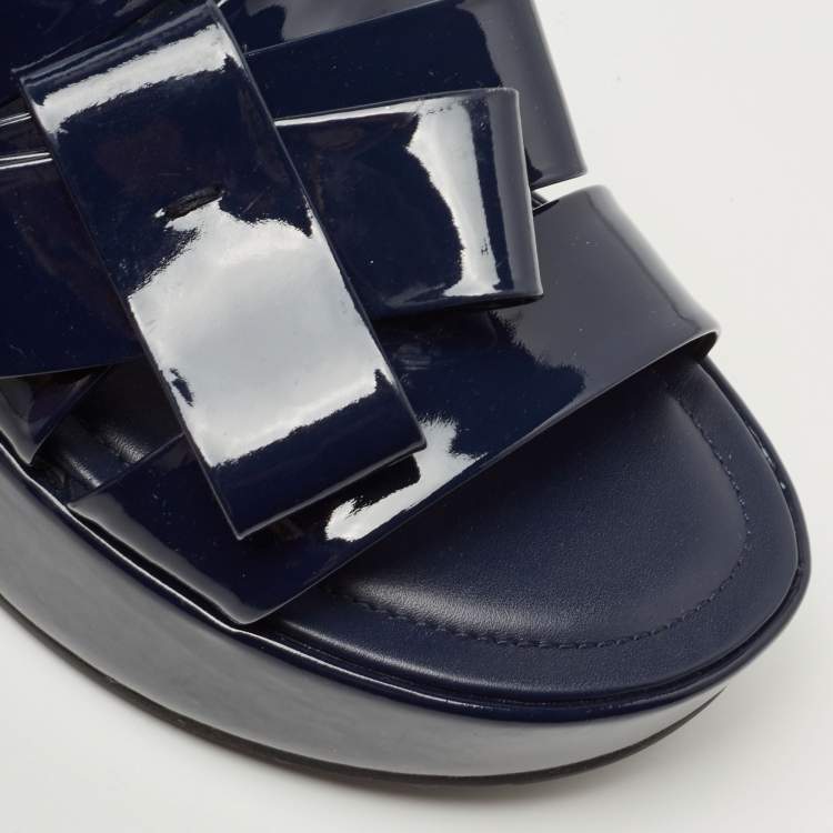 Pre Owned Tod's Dark Blue Patent Leather Bow Wedge Platform Slingback Sandals Size 40