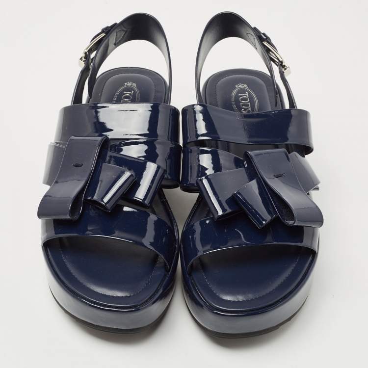 Pre Owned Tod's Dark Blue Patent Leather Bow Wedge Platform Slingback Sandals Size 40