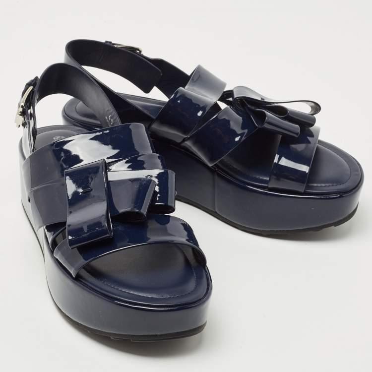 Pre Owned Tod's Dark Blue Patent Leather Bow Wedge Platform Slingback Sandals Size 40