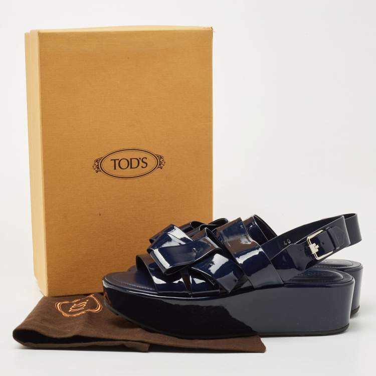 Pre Owned Tod's Dark Blue Patent Leather Bow Wedge Platform Slingback Sandals Size 40