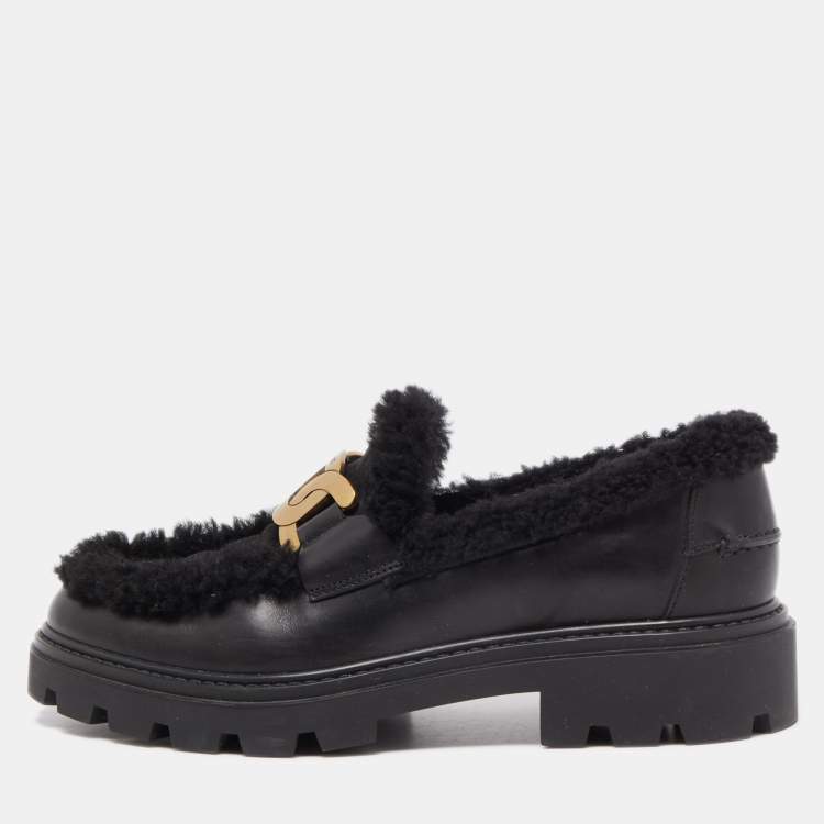 Tod's Black Leather and Shearling Fur Kate Platform Loafers