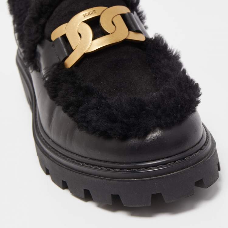 Pre Owned Tod's Black Leather and Shearling Fur Kate Platform Loafers Size 41