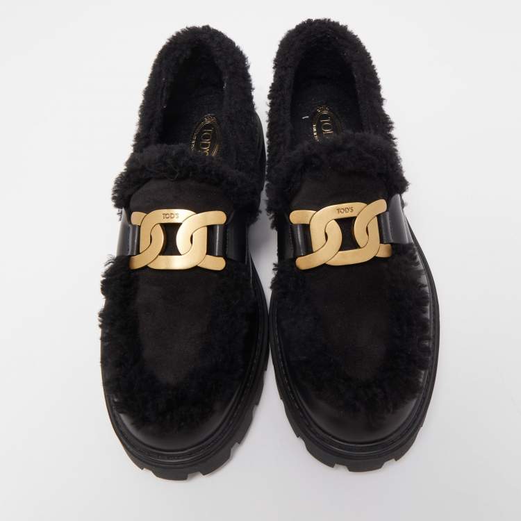 Pre Owned Tod's Black Leather and Shearling Fur Kate Platform Loafers Size 41