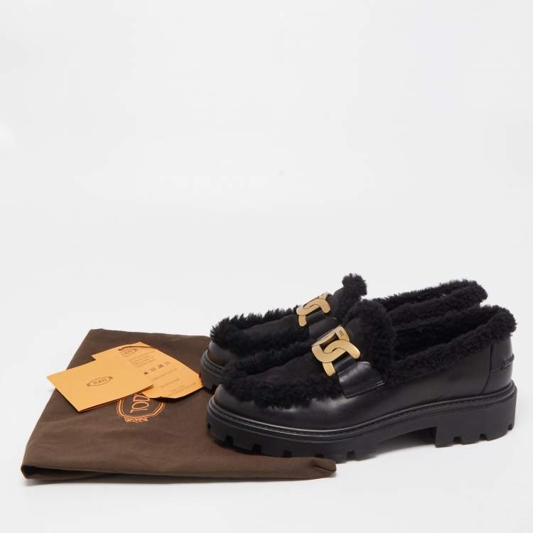 Pre Owned Tod's Black Leather and Shearling Fur Kate Platform Loafers Size 41