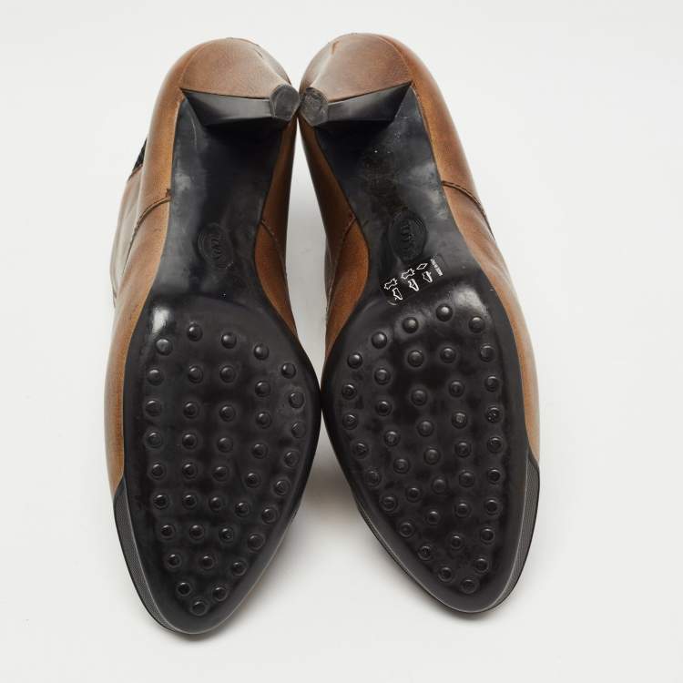 Pre Owned Tod's Brown/Black Leather and Mesh Ankle Booties Size 40