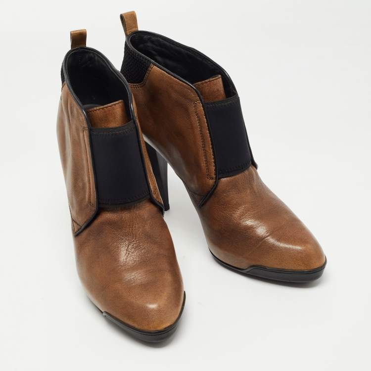 Pre Owned Tod's Brown/Black Leather and Mesh Ankle Booties Size 40