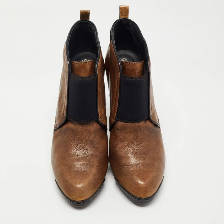 Pre Owned Tod's Brown/Black Leather and Mesh Ankle Booties Size 40