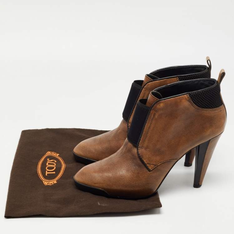 Pre Owned Tod's Brown/Black Leather and Mesh Ankle Booties Size 40