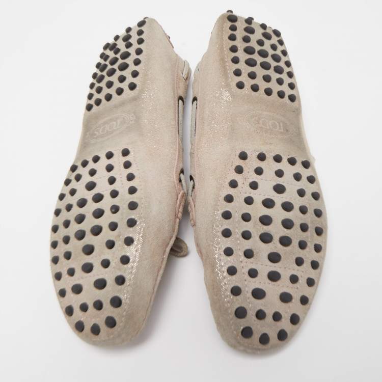 Pre Owned Tod's Metallic Beige Suede Gommino Slip On Loafers Size 38