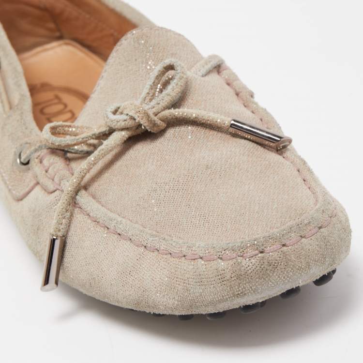 Pre Owned Tod's Metallic Beige Suede Gommino Slip On Loafers Size 38