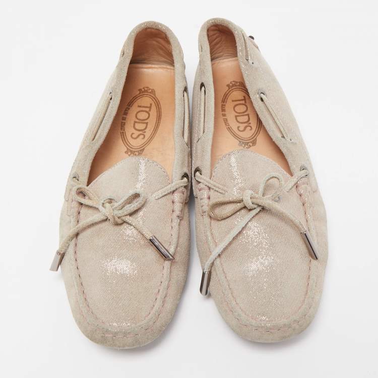 Pre Owned Tod's Metallic Beige Suede Gommino Slip On Loafers Size 38