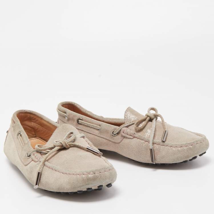 Pre Owned Tod's Metallic Beige Suede Gommino Slip On Loafers Size 38