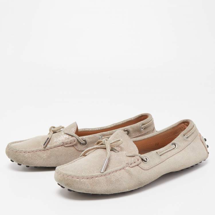Pre Owned Tod's Metallic Beige Suede Gommino Slip On Loafers Size 38