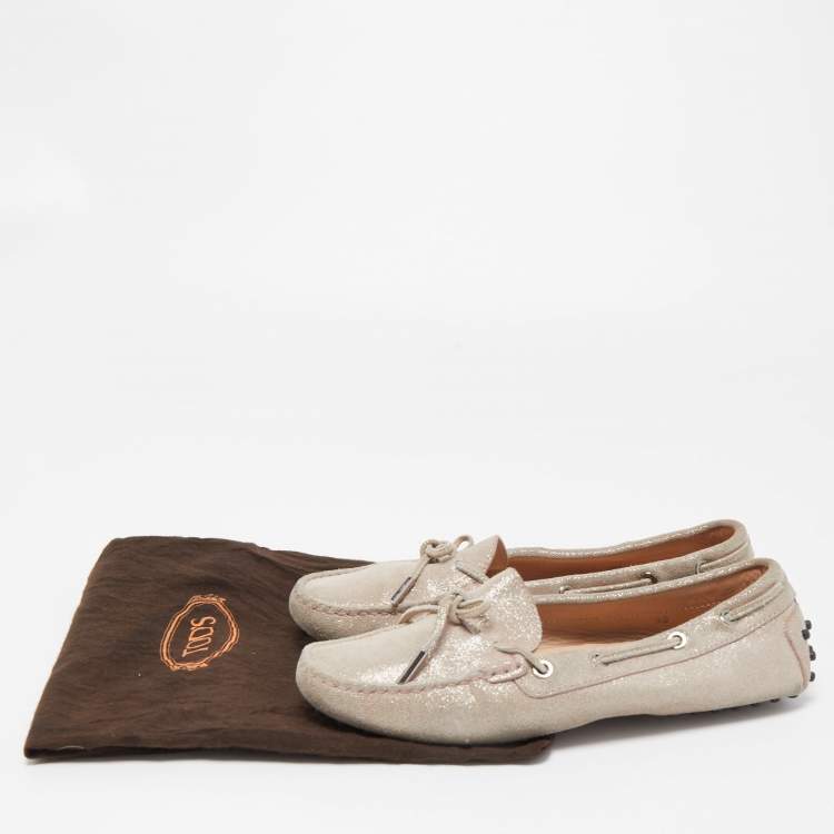 Pre Owned Tod's Metallic Beige Suede Gommino Slip On Loafers Size 38