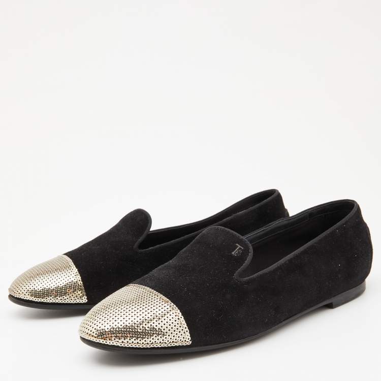 Pre Owned Tod's Black/Gold Suede and Sequins Embellished Slip On Smoking Slippers Size 37.5