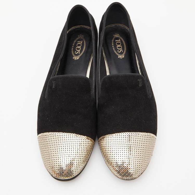 Pre Owned Tod's Black/Gold Suede and Sequins Embellished Slip On Smoking Slippers Size 37.5