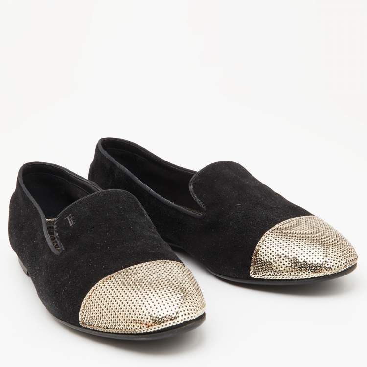 Pre Owned Tod's Black/Gold Suede and Sequins Embellished Slip On Smoking Slippers Size 37.5