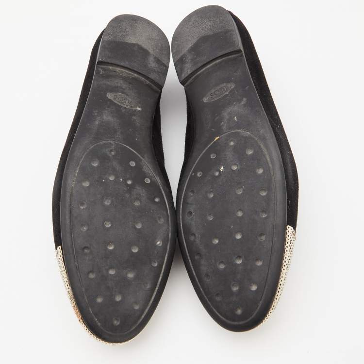 Pre Owned Tod's Black/Gold Suede and Sequins Embellished Slip On Smoking Slippers Size 37.5