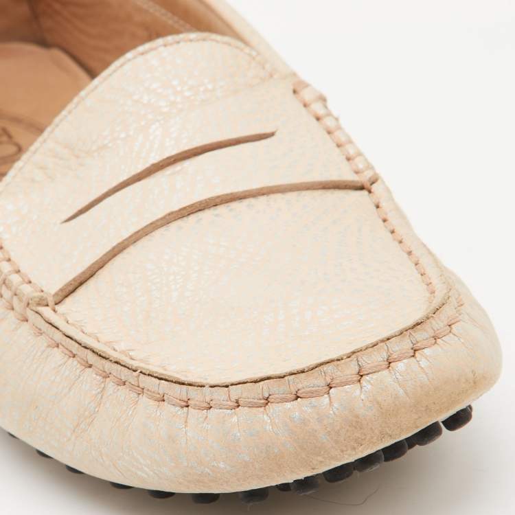 Pre Owned Tod's Beige Leather Gommino Driving Loafers Size 39.5