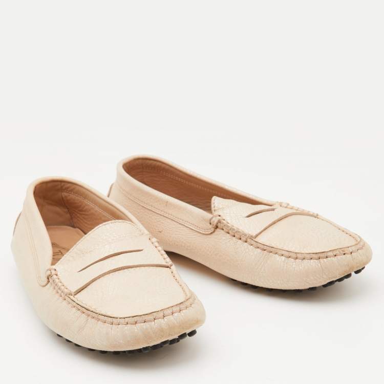 Pre Owned Tod's Beige Leather Gommino Driving Loafers Size 39.5