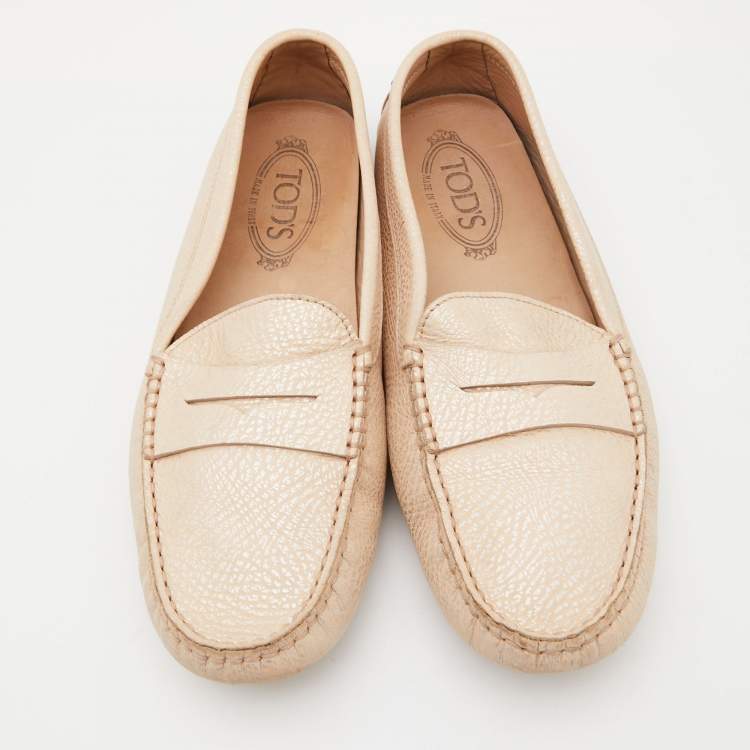 Pre Owned Tod's Beige Leather Gommino Driving Loafers Size 39.5