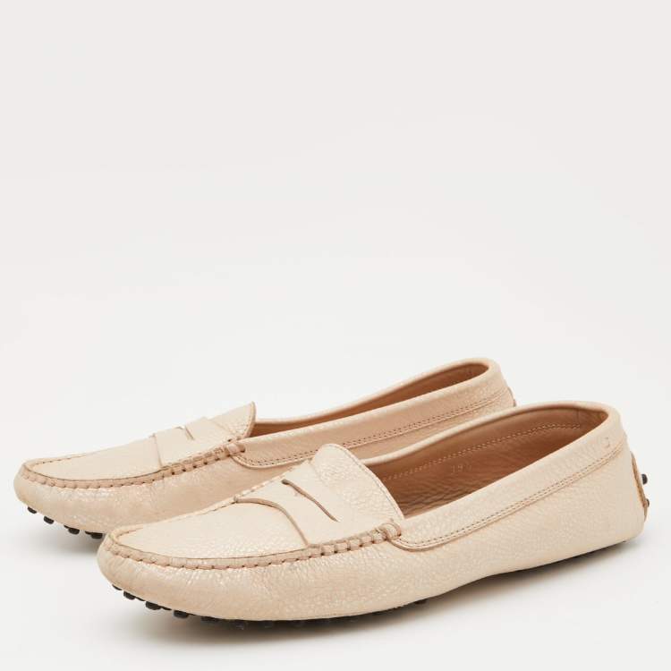 Pre Owned Tod's Beige Leather Gommino Driving Loafers Size 39.5
