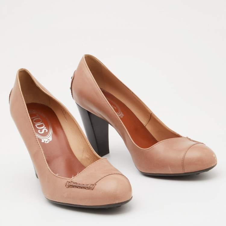 Pre Owned Tod's Beige Leather Block Heel Pumps Size 39
