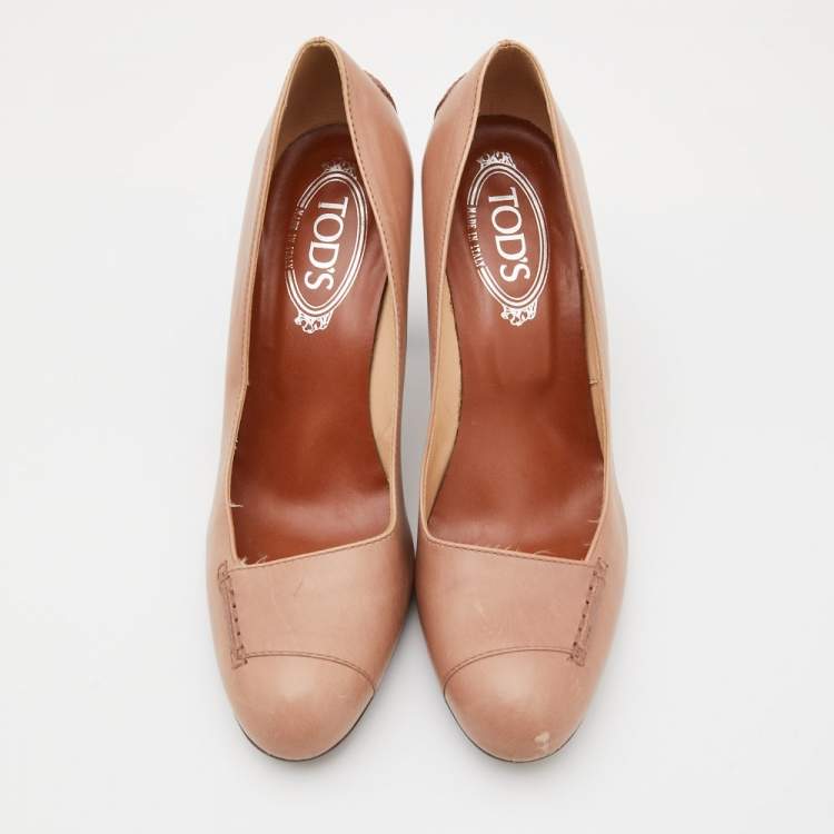 Pre Owned Tod's Beige Leather Block Heel Pumps Size 39