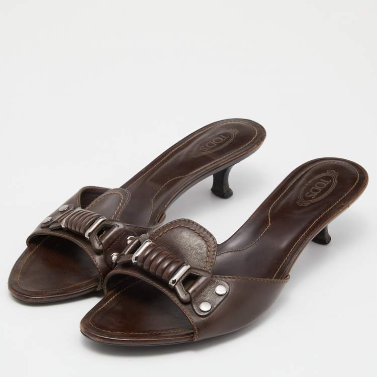 Pre Owned Tod's Brown Leather Slide Sandals Size 39.5