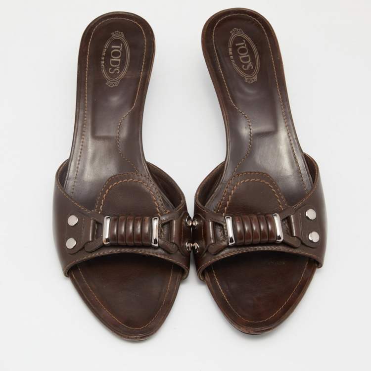 Pre Owned Tod's Brown Leather Slide Sandals Size 39.5