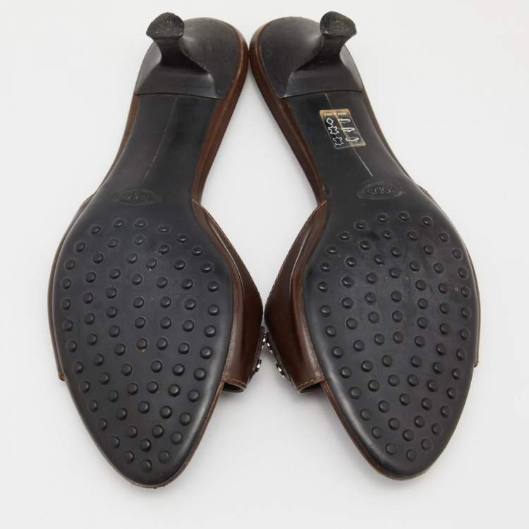 Pre Owned Tod's Brown Leather Slide Sandals Size 39.5
