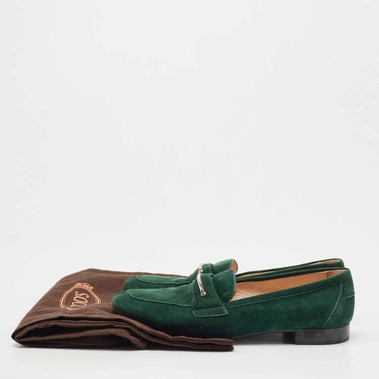 Pre Owned Tod's Green Suede Slip On Loafers Size 38.5