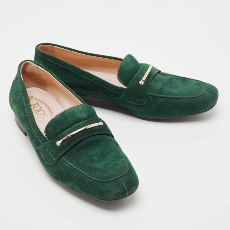 Pre Owned Tod's Green Suede Slip On Loafers Size 38.5